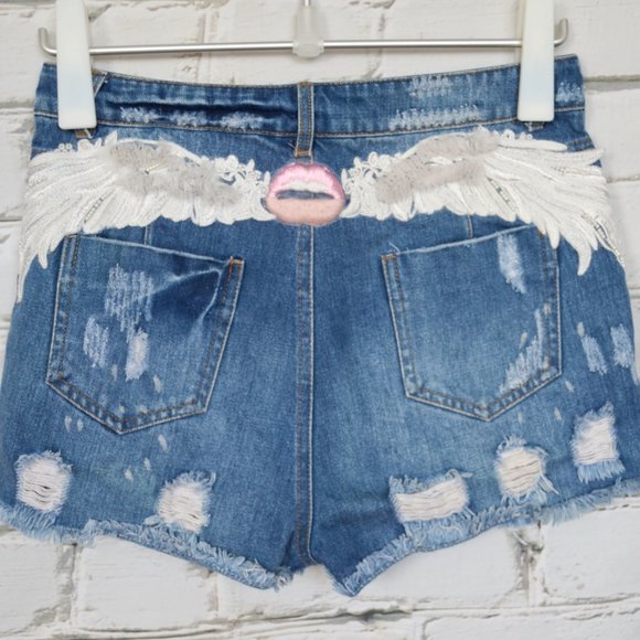 Denim Applique Wings & Lips Made In Japan Shorts - Picture 1 of 4